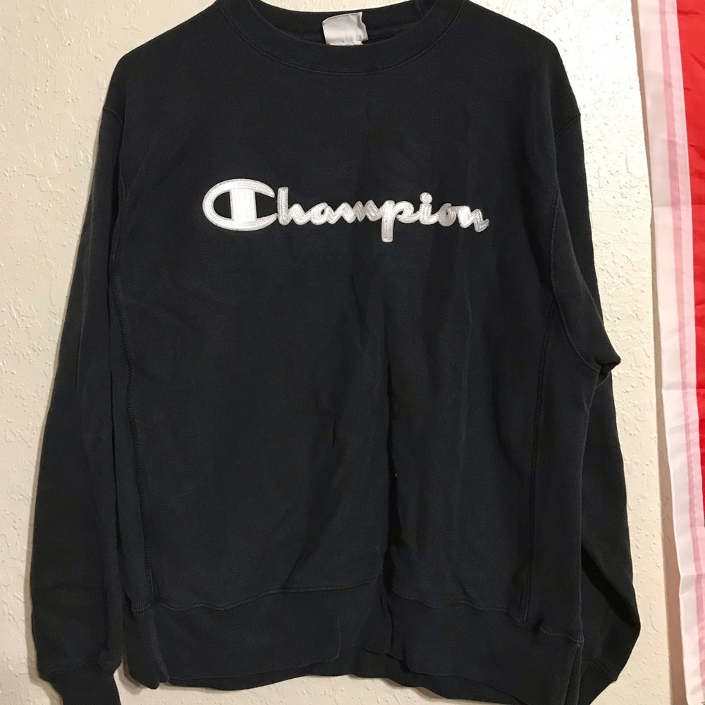 black “champion” sweatshirt